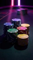 Colorful poker chips stacked on dark casino table with neon lighting creating atmospheric gambling environment for entertainment and gaming concepts.
