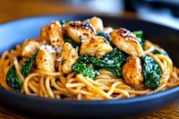 Spaghetti pasta with grilled chicken pieces and fresh spinach leaves in savory sauce served on dark plate, close up view of homemade Italian cuisine.