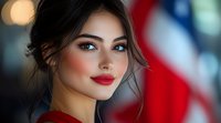 Young woman with striking blue eyes and red lipstick wearing red outfit against blurred American flag background, soft bokeh lighting creates dramatic portrait atmosphere.