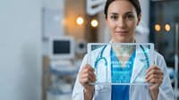 Female doctor holding digital tablet displaying medical analytics data in modern hospital setting with stethoscope around neck for healthcare technology presentations.