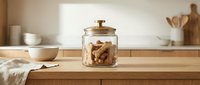Glass storage jar with wooden lid filled with cookies on kitchen counter for food organization and pantry storage solutions.