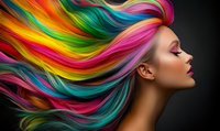 Young woman with vibrant rainbow-colored hair flowing dramatically against dark background, showcasing creative hair coloring techniques for salon advertising.