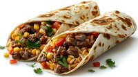 Mexican style burritos filled with beef, rice, corn, bell peppers and fresh herbs on white background, close up view of traditional wrapped tortilla meal.