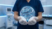 Healthcare professional in scrubs holding glowing digital network sphere in modern medical facility representing connected medicine and technology innovation.