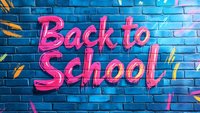 Pink neon style Back to School text on blue brick wall background with flying yellow pencils, modern urban graffiti art style education concept.