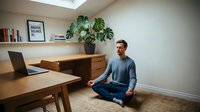 Caucasian male professional in casual blue shirt sitting on floor in modern office workspace with wooden desk, laptop, potted plant, and natural skylight for remote work or startup environment.