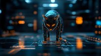 Futuristic digital cat with glowing circuit patterns stands on illuminated grid surface against dark cyberpunk background with orange bokeh lights.