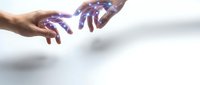 Human and artificial intelligence hands reaching toward each other with digital energy connection representing technology collaboration and future innovation.
