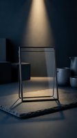 Modern minimalist metal picture frame standing on dark surface with dramatic spotlight creating shadows and atmospheric lighting for home decor display.