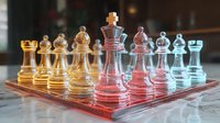 Colorful glass chess pieces arranged on illuminated board with gold, red and blue gradient effect creating modern artistic composition for game and strategy concepts.