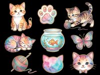 Cute watercolor kitten sticker set isolated on transparent background, featuring cats, paw print, fishbowl, butterfly, and yarn, ready for t-shirt design, clipart, and print on demand.