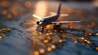 Miniature passenger aircraft on world map with glowing bokeh lights creating magical travel atmosphere. Golden hour lighting adds warmth to wanderlust scene.