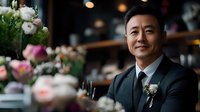 Middle-aged Asian businessman in elegant dark suit with boutonniere smiling confidently in upscale restaurant with floral arrangements and warm lighting.