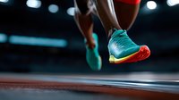 Athlete in turquoise and orange running shoes sprinting on indoor track with dynamic motion blur and stadium lighting in background.