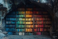 Magical library in cave with rainbow-colored bookshelves arranged by color spectrum from blue to red, surrounded by rock walls in mystical atmosphere.