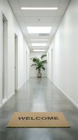 Modern white office hallway with welcome mat, polished concrete floor, palm plant, and bright ceiling lights creating a clean, professional interior.