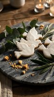 White dove-shaped cookies on slate board with eucalyptus leaves and candlelight creating peaceful holiday atmosphere for festive baking and celebration.