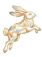 Decorative jumping rabbit with ornamental gold and blue patterns isolated on transparent background, ready for t-shirt design, clipart, stickers, and print-on-demand products.