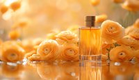 Elegant perfume bottle surrounded by delicate peach roses and pearls on reflective surface with soft bokeh background creating luxurious beauty composition.
