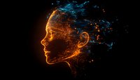 Glowing orange and blue digital profile of woman made of light particles and network connections against black background, representing artificial intelligence.