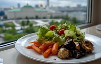 Gourmet meal with roasted meat, glazed carrots, and fresh salad on white plate by window overlooking urban cityscape with green spaces.