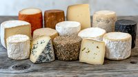 Artisanal cheese collection featuring diverse varieties of aged and fresh cheeses arranged on rustic wooden surface, showcasing different textures, colors and aging stages.