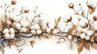 Watercolor cotton flowers and branches in sepia tones create delicate botanical border composition with soft brown leaves and white cotton bolls.
