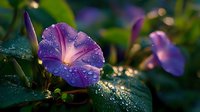 Purple morning glory flower with water droplets in early dawn light, creating a magical garden atmosphere with bokeh effect in background.