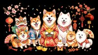Shiba Inu dogs in traditional Asian red and gold clothing with lanterns, cherry blossoms, and festive decorations isolated on transparent background. Ready for t-shirts, stickers, clipart, and print-on-demand designs.
