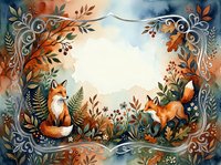 Autumn woodland foxes in decorative floral frame with fall leaves and ornate botanical border for seasonal design projects and nature-themed artwork.