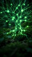 Glowing green neural network tree with bright nodes and branching connections on dark background for technology and science concepts.