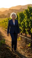 Confident senior businesswoman walking through vineyard at golden hour sunset wearing professional navy suit among grapevines in wine country landscape.