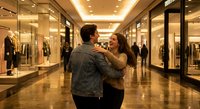 Young Caucasian couple laughing and embracing in a bright shopping mall corridor, surrounded by fashion stores, enjoying a fun day out together.