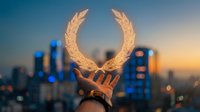 Golden laurel wreath award held against urban skyline at sunset, symbolizing achievement, success, and recognition for business and corporate accomplishments.