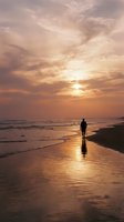 Surfer in wetsuit standing on wet sand beach at golden sunset, holding surfboard, gazing at ocean waves during dusk. Suitable for travel and lifestyle content.