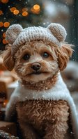 Adorable brown poodle mix puppy wearing knitted bear ear hat and winter outfit during snowfall with bokeh lights in background, cozy winter mood.