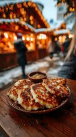 Golden fried dumplings on wooden table at festive market with warm bokeh lights creating cozy winter atmosphere for food photography and culinary content.