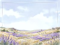 Lavender field landscape with rolling hills, wildflowers, and cloudy sky. Watercolor painting style countryside scene for wall art, home decor, and nature-themed designs.