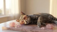 Adorable tabby cat relaxing on soft pink blanket with rose quartz crystals in warm sunlight streaming through window creating peaceful zen atmosphere.