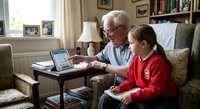 Senior Caucasian grandfather with glasses teaching young blonde grandson computer skills on laptop in cozy living room with books and family photos.