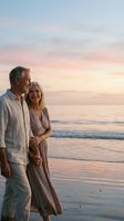 Happy mature couple embracing on beach at sunset with pastel sky and ocean waves for romantic vacation and retirement lifestyle content.