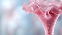 Delicate pink ruffled funnel shape with glittering textured surface against soft blue background, creating dreamy ethereal atmosphere for creative design projects.