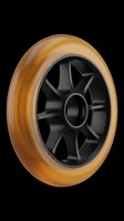 Industrial polyurethane wheel with black spoked hub and amber tire, isolated on transparent background. Ready for print on demand, stickers, clipart, and T-shirt design use.