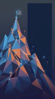 Abstract geometric mountain peak with polygonal triangular shapes in blue and orange gradients featuring glowing elements and flag on summit for digital design.