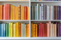 Colorful books arranged by spectrum colors on white wooden shelves create rainbow pattern. Books spines in pastel and vibrant hues form aesthetic library display.
