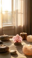 Zen sand garden with pink orchid on stacked stones, glowing candles, and warm sunlight through sheer curtains for spa and wellness themes.