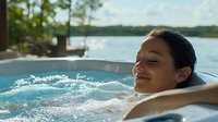 Young Hispanic woman relaxing in outdoor hot tub spa with eyes closed, enjoying hydrotherapy massage jets against lakeside nature background.