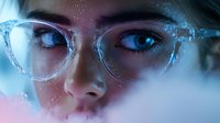 Young woman wearing transparent glasses in neon blue light with dreamy atmosphere and glitter effects, close up portrait focusing on eyes and eyewear.