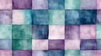 Watercolor squares in soft pink, purple, teal, and green tones create a seamless patchwork pattern. Tiles continuously for backgrounds, textiles, and decorative design projects.