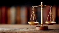 Golden scales of justice on wooden base against blurred law library background, symbol of legal system, jurisprudence and court proceedings.